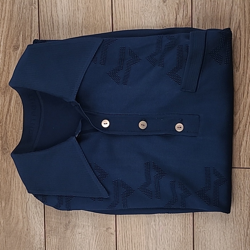 MONTAGUT Paris Dark Blue Textured Patterned Sz S Polo Short Sleeve Shirt VTG 70s